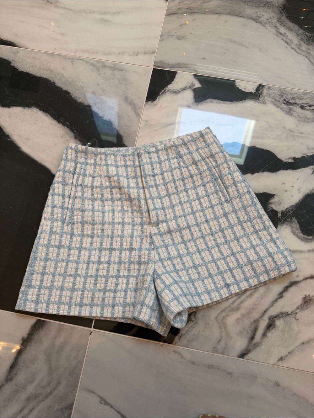 Altar'd State Light Blue and White Plaid High Waist Shorts